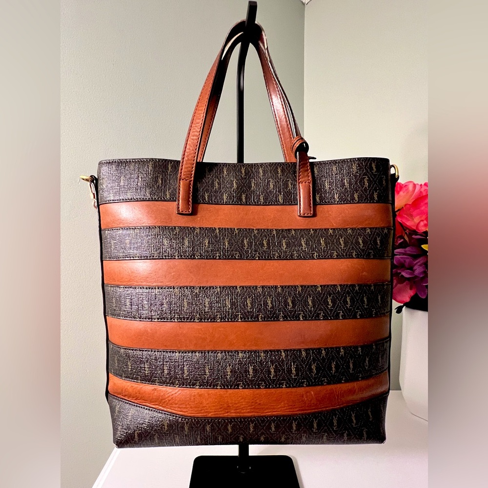 Authentic YSL Canvas and Leather Striped Tote Bag - Picture 5 of 16
